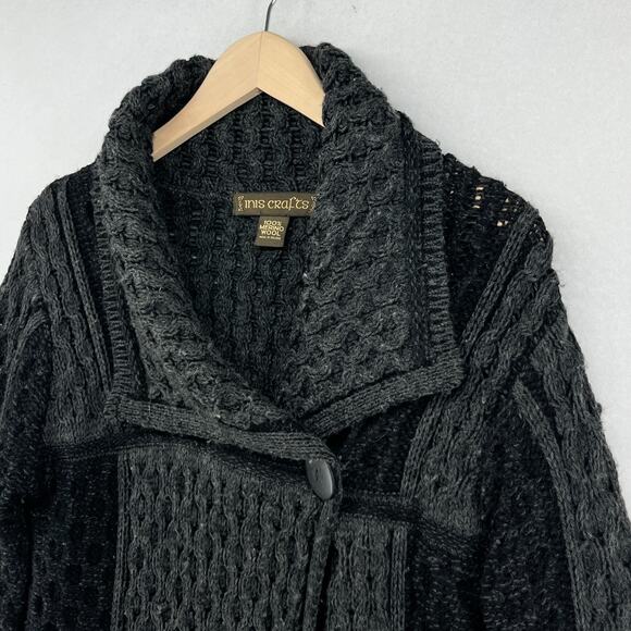 INIS CRAFTS Sweater Womens M Merino Wool Chunky Knit Cardigan Black Ireland - Picture 3 of 15